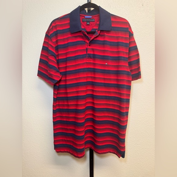 Tommy Hilfiger Red and Navy Striped Polo Shirt - Picture 1 of 8